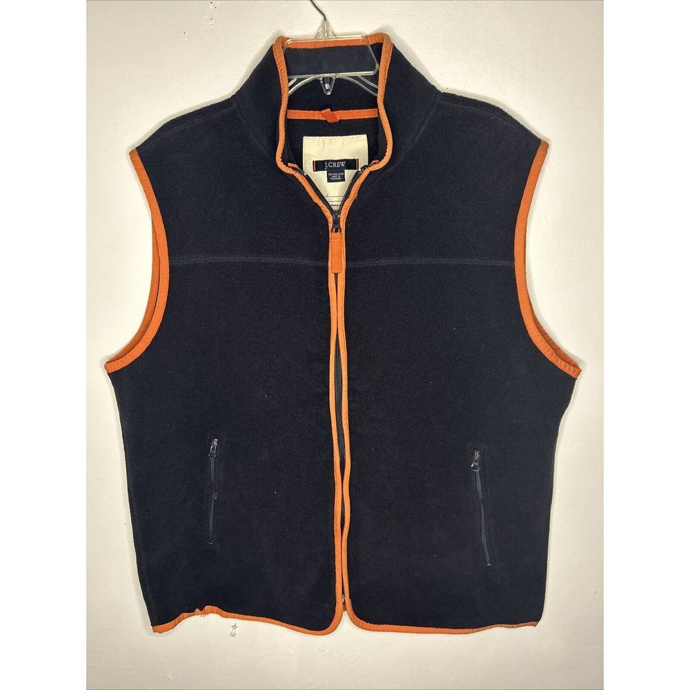 J.Crew Navy Blue Fleece Vest with Orange Trim Zip-Up Outdoor Casual Wear Size L
